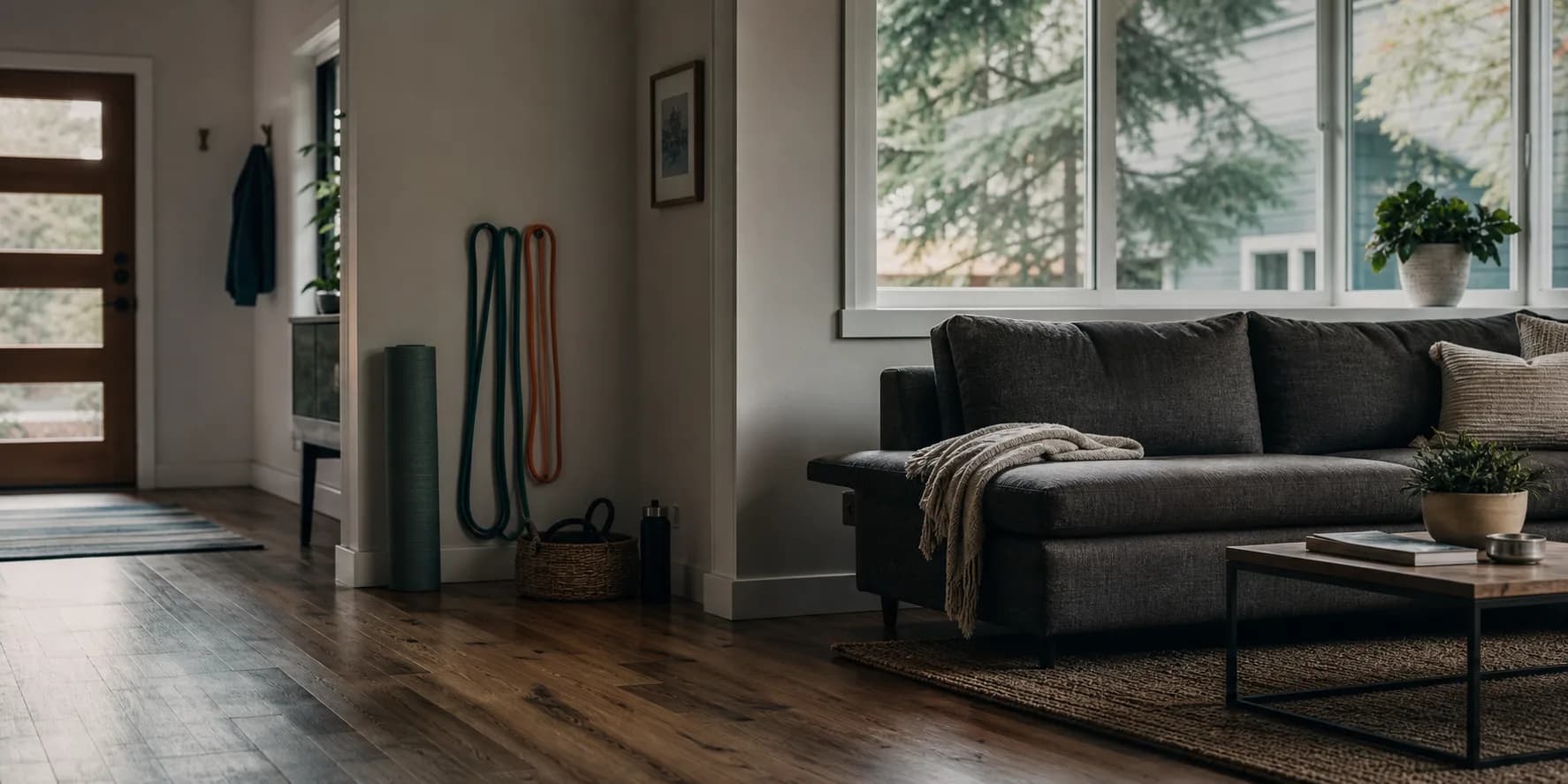 A home interior with simple training equipment ready for an in-home assessment